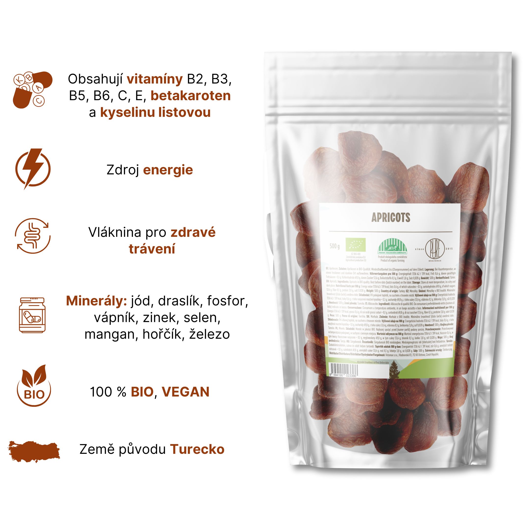BrainMax Pure Meruňky sušené BIO, 500 g